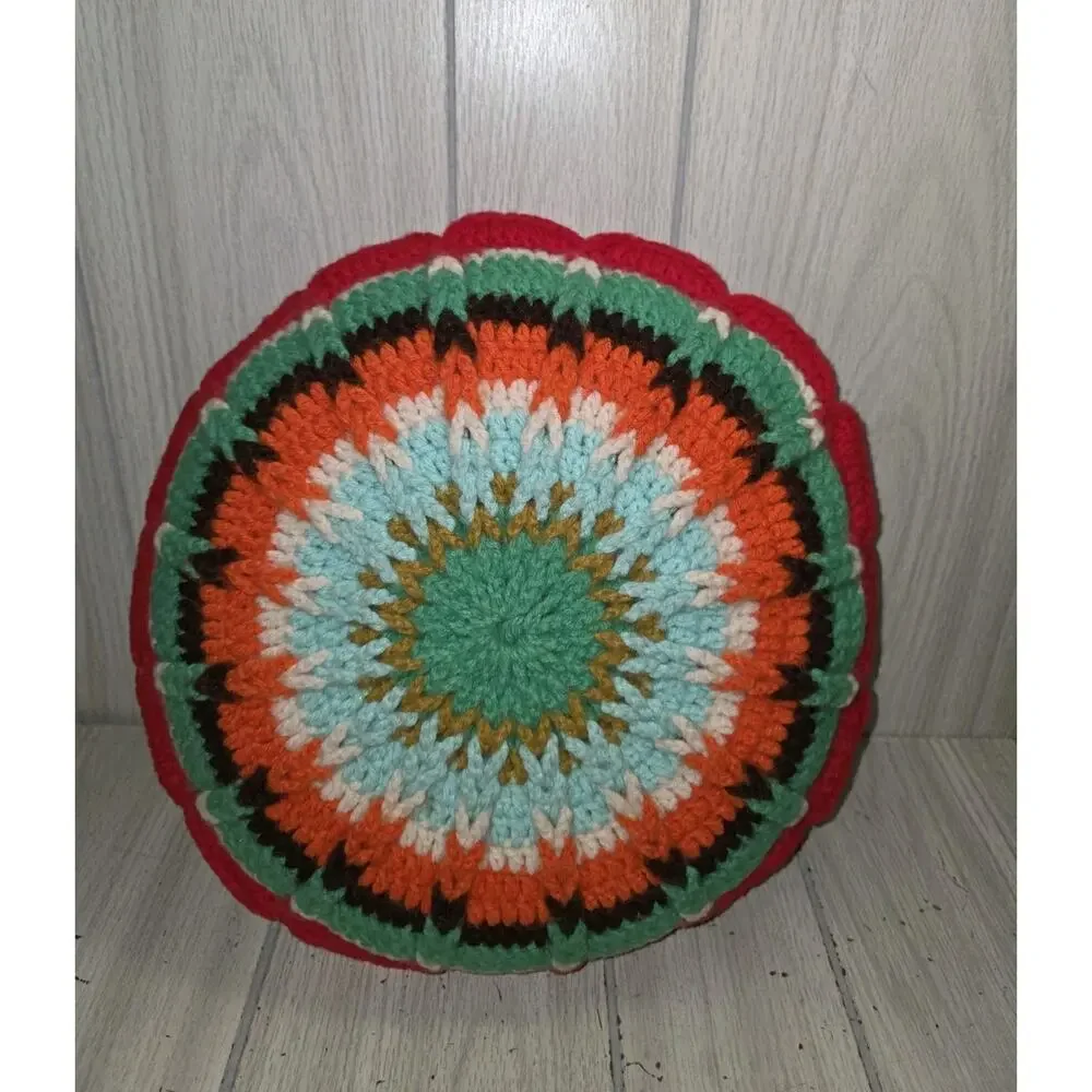 Vtg Hand Crochet Double Sided Scalloped Granny Round Muti Color Throw Pillow 11